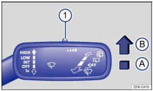 Fig. 101 Sur le levier d'essuie-glace, à droite sur la colonne de direction: réglage du détecteur de pluie et de luminosité 1