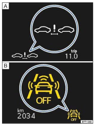 Fig. 192 Afficheur du combiné d'instruments : affichage d'une alerte sur la distance système de surveillance périmétrique désactivé