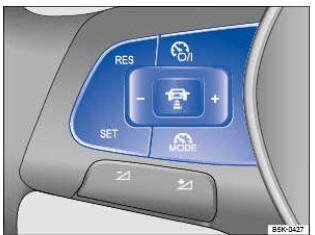 Fig. 189 Côté gauche du volant multifonction: touches de commande du régulateur de distance