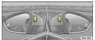 Fig. 199 Dans les boîtiers des rétroviseurs extérieurs: signaux optiques émis par l'assistant de changement de voie